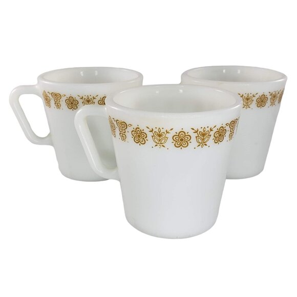 Vintage Pyrex Butterfly Gold Coffee Mugs Cup Set of 3 - Picture 1 of 11